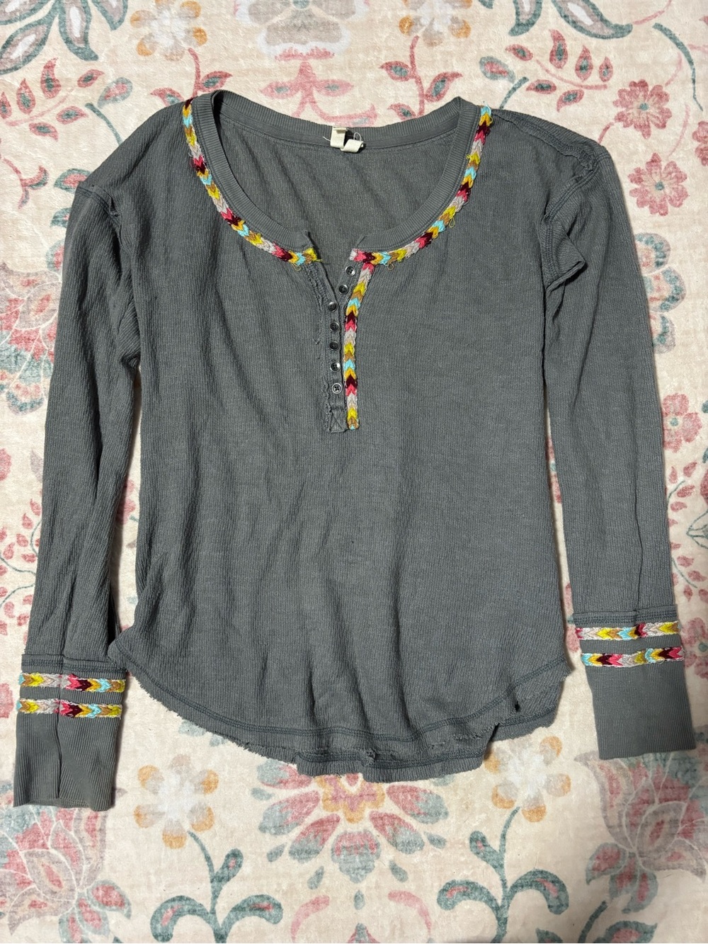 Free people We The Free Gray Long-Sleeve Henley with Multicolor Braided Trim